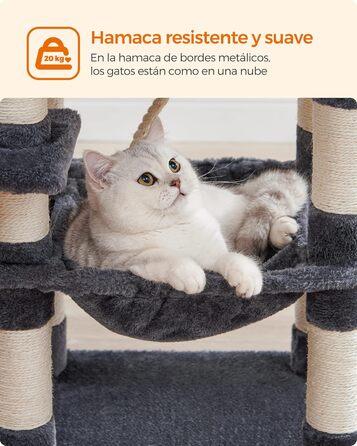 Котячий дерево Feandrea 112 см, 11 стовпчиків, 2 платформи, будиночок, гамак, 2 м’ячики, плюш, багаторівневий, сірий