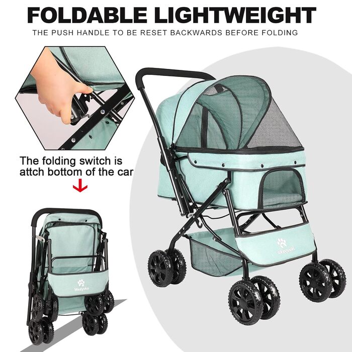 Візок для собак Wedyvko до 20 кг, 4 колеса, складний, для маленьких та середніх собак/кішок, з кошиком для зберігання та тримачем для напоїв, зелений