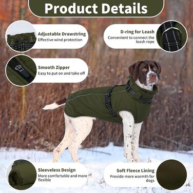 Зимовий теплий одяг для собак Lelepet: куртка з інтегрованим шлейкою, вітронепроникний флісовий одяг, світловідбиваюча жилетка для собак, XL (армійний зелений)