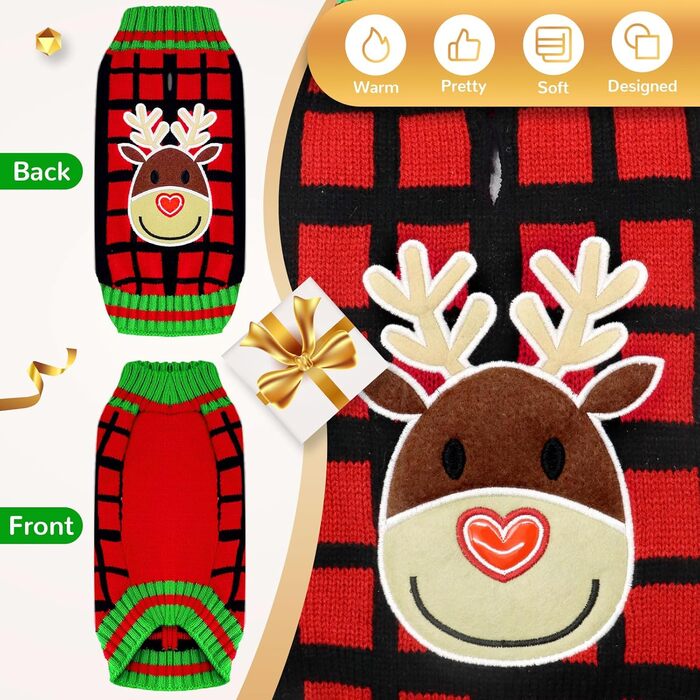 Пуловер для собак на Різдво BAJMJK з отвором для шлейки, класичний, в клітинку, теплий, для котів та собак, зимовий одяг для собак (XX-Large, F)