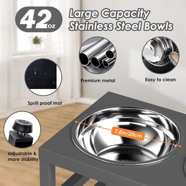 Підвищений годівниця для собак з металу, 25,4 см, з підставкою та 2 мисками з нержавіючої сталі, 40,6 x 61 см, антиковзаюча килимок, сірий колір