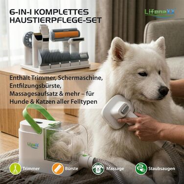 Набір для грумінгу собак та котів Lifenaxx LX-052 6-в-1: машинка для стрижки, тример, гребінь для вичісування, насадка для масажу, пилосос для шерсті, HEPA-фільтр