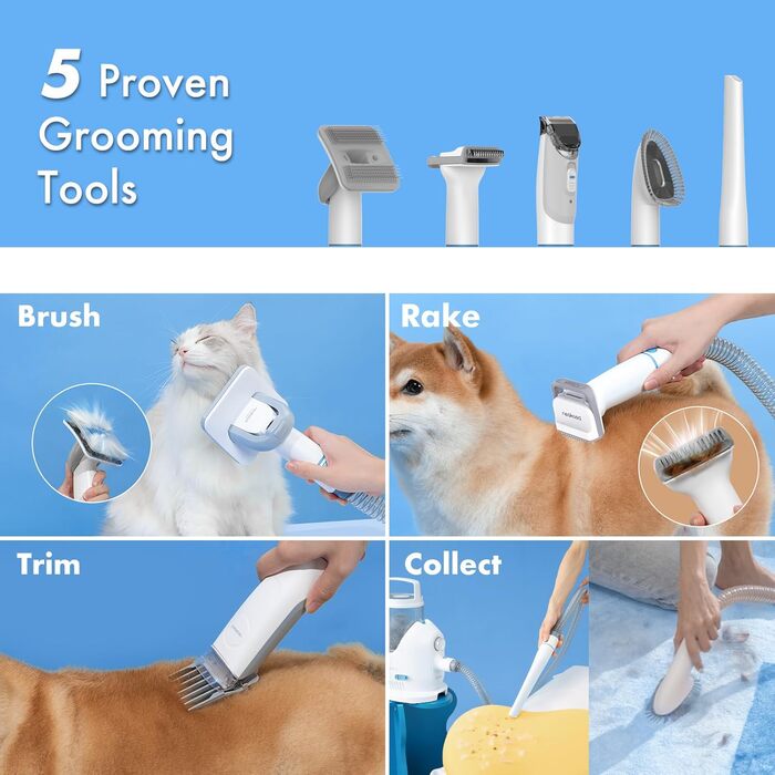 Машинка для стрижки собак Neakasa P2 Pro з пилососом, тиха, професійний набір для грумінгу домашніх тварин, 5 насадок для собак та котів, блакитна
