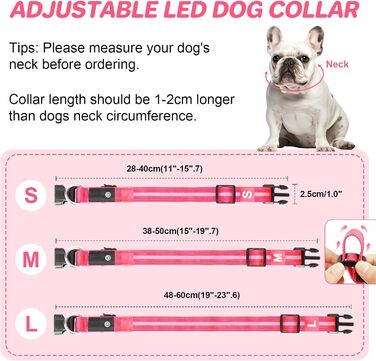 Світлодіодна нашийник для собак Feycig з USB-зарядкою, водонепроникний, регульований, 3 режими, для малих, середніх та великих собак (світлороже, S(28-40см))