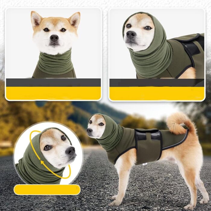 Заспокійлива накидка для собак Yanucy 2-в-1: накидка від тривоги та капюшон для захисту вух. Зменшує страх під час феєрверків та грози. (Зелений, Синій, L)