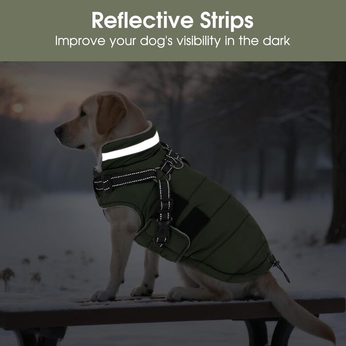 Зимовий теплий накид для собак ASENKU (S, M, L, XL) – водонепроникний, вітронепроникний, з відбиваючими елементами, з нагрудником, для маленьких, середніх та великих собак, зелений