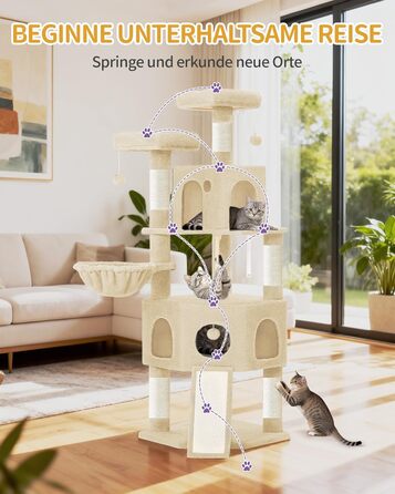 Кігтеточка для котів Hzuaneri, 174 см, XL, 2 платформи, 2 печери, 4 стовпчики, дошка для шліфування кігтів, мотузка з сизалю, плюшеві кульки, для кількох котів, MS17418LG (Бежевий)