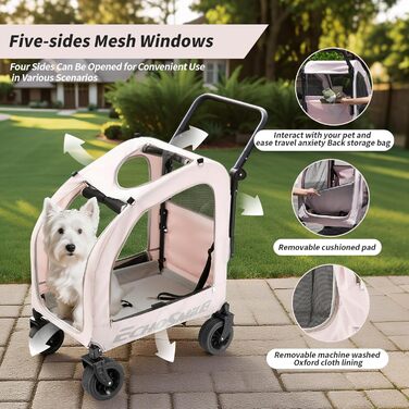 Візок для собак EchoSmile для маленьких та середніх собак до 20 кг, позашляховий, складний, з подвійним гальмом, ремені безпеки та сітчасті вікна (Рожевий)