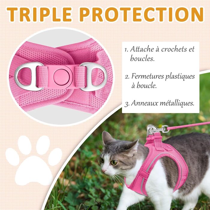Нашийник для котів Qianruida з повідком, регульований, зручний, дихаючий, світловідбиваючий (Рожевий, XXS)