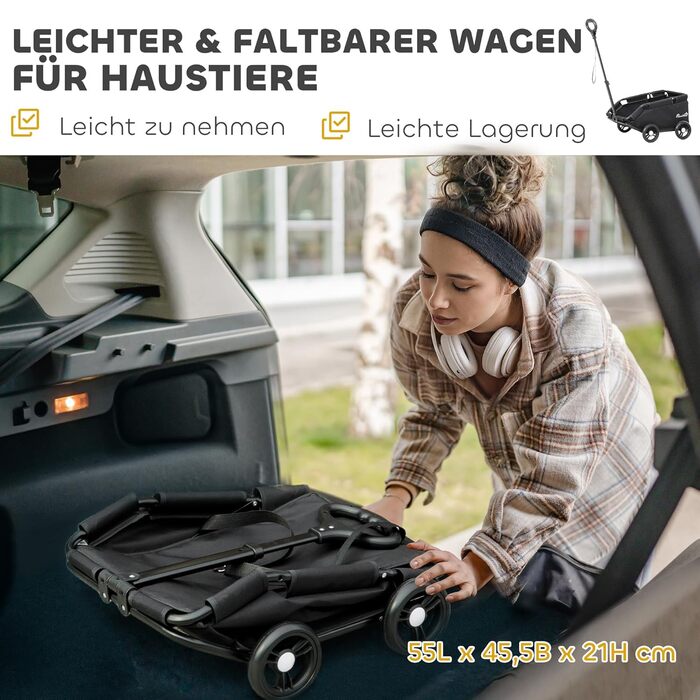 Візок для собак PawHut, чорний, для собак та котів до 4 кг, складна конструкція, з подушкою та безпечними ременями