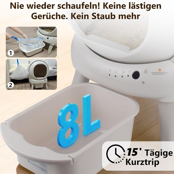 Автоматичний лоток для котів Katzenklo Selbstreinigend 73L з додатком, датчиками безпеки, захистом від запаху та моніторингом здоров'я. Підходить для кількох котів. Коврик для котячого туалету в комплекті. Колір: сірий.