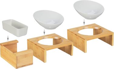 Набір мисок для котів Relaxdays з травою для котів, 2 керамічні миски по 350 мл, бамбуковий підставник, придатні для миття в посудомийній машині, натуральний/білий