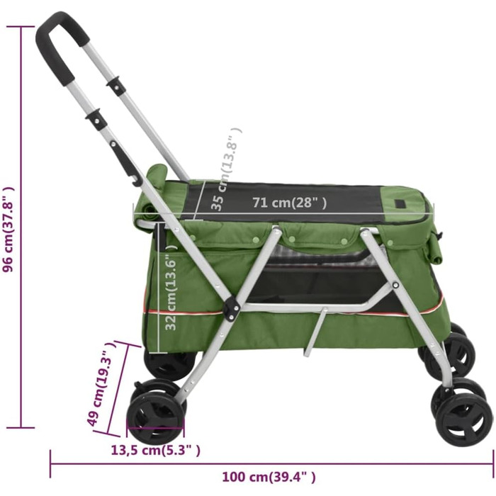 vidaXL Візок для собак складаний, зелений, 100x49x96 см, лляна тканина, собачий візок-тролей