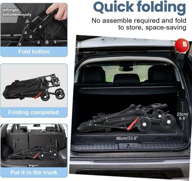 Транспортувальна візок для собак, легкий та складаний, з регульованим козирком, анти-вислизання, гальма та багажник (до 10 кг), чорний