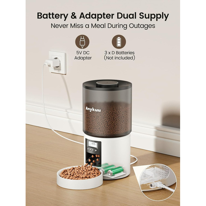 Автоматичний годівниця для котів та собак Anykuu 4L з таймером та контролем порцій. Автоматичний диспенсер для сухого корму з функцією запису (10с) для маленьких та середніх тварин, білий