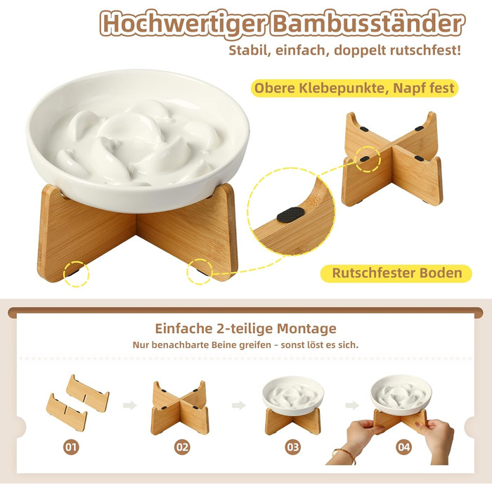 Антислизький годівниця для котів з кераміки з металевим підставкою - Підвищена годівниця проти захлинування - Лабіринтова миска для повільного годування - Рожевий (миска + бамбук - білий)