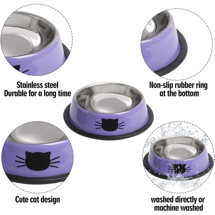 Набори мисок для котячого корму та води, нержавіюча сталь, з гумовим дном, фіолетовий, 2 шт.