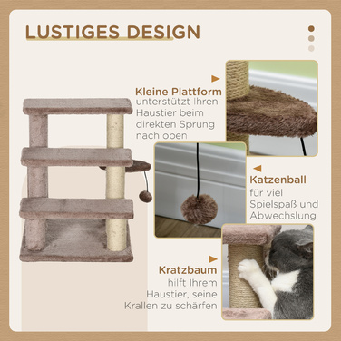 PawHut Cat Stairs Сходи для домашніх тварин для котів та собак 3 сходинки з кігтеточками Play Ball Plush Brown 45x40x48см для більшого комфорту