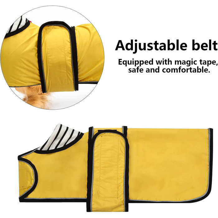 Жовтий дощовик для собак, регульований, водовідштовхуючий, для такс, з відбиваючими елементами, з реміннем на липучці, розмір M (довжина спини 42-45 см)