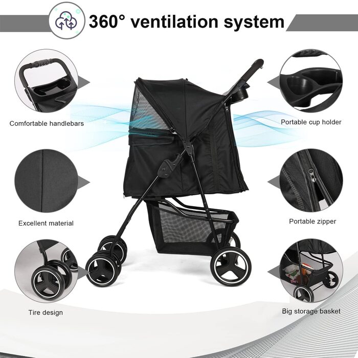 Дитяча коляска для тварин та дітей, складана, з кошиком для зберігання, поворотні колеса 360°, гальма, легка, чорна
