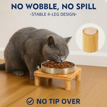 Підвищені миски для котів для дому – Підвищений підставник для мисок з бамбука з нержавіючою мискою 14 см, стільниця для зручного годування, зручні для вусів (сріблясті, 2 шт.)