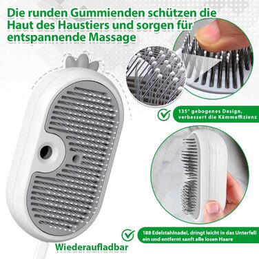 Дampова щітка для котів 4-в-1 з розпилювачем та функцією самоочищення, IPX7, білий колір