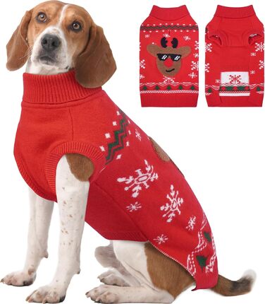 Пуловер для собак на Різдво, м'який та теплий, з відкидним коміром, для собак середнього розміру, в'язаний пуловер для осені та зими, для Французького бульдога, M (5-7 кг), червоний