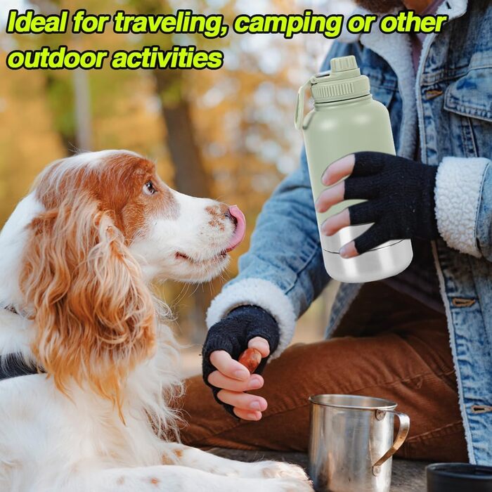 Водяна пляшка для собак на прогулянці, 950мл, з мискою, з нержавіючої сталі, термопляшка для собак, для подорожей та активного відпочинку (Зелена)