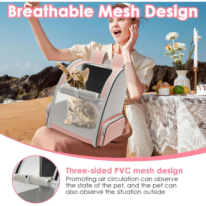 Складаний рюкзак для котів та собак, рюкзак-переноска з сіткою, м'яка підстилка, до 6,8 кг, дихаючий, для подорожей, прогулянок (рожевий)