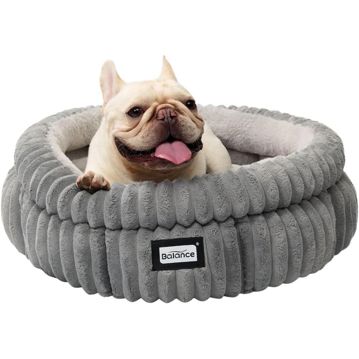 Кругле ліжко для котів BALANCE, миється, супер м'яке штучне хутро, з антиковзною основою, 60х60х23 см, білий/сірий колір