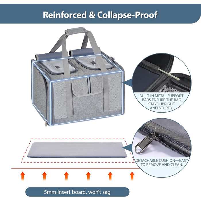Розширювана переноска для котів та собак великого розміру на 2 тварин - переноска-рюкзак для котів та маленьких/середніх собак з розширенням з обох сторін, знімним вкладишем та кишенею для зберігання, сірого кольору - велика