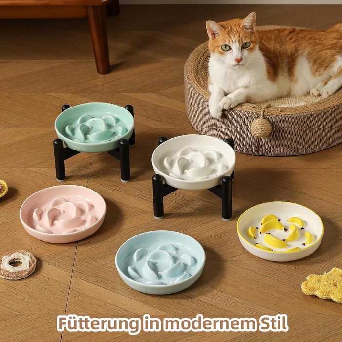 Антислизький годівниця для котів з кераміки з металевим підставкою - Підвищена годівниця проти заковтування - Лабіринтова миска для повільного годування - Рожева миска + метал - Рожевий колір