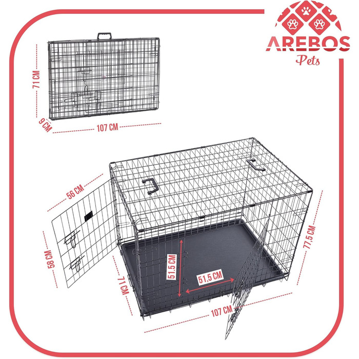 Клітка для собак Arebos | Транспортна переноска для собак, складна | Клітка для собак, чорна, 107 x 71 x 77,5 см
