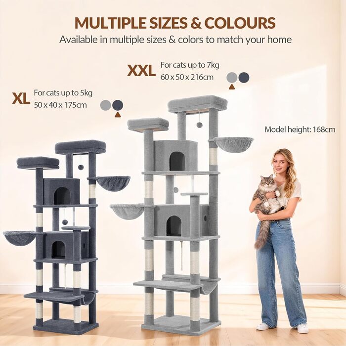 Драбина-кіготь для котів Kratzbaum Groß 216 см, XXL, стабільна з краш-стовпцями, 2 затишні будиночки, 2 платформи, 2 кошики, гамак, для дому, FPMS007FG1 (50x40x175 см, темно-сірий)