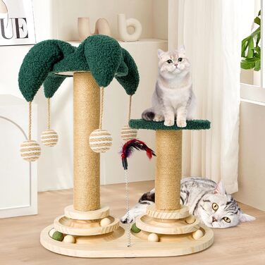 Інтерактивне котяче іграшкове комбо 6-в-1: дерев'яні меблі, кулі, пір'я, м'яч-трекер, котячий когтеточки з сизалю та джуту. Підходить для маленьких та середніх котів. Зелений колір.