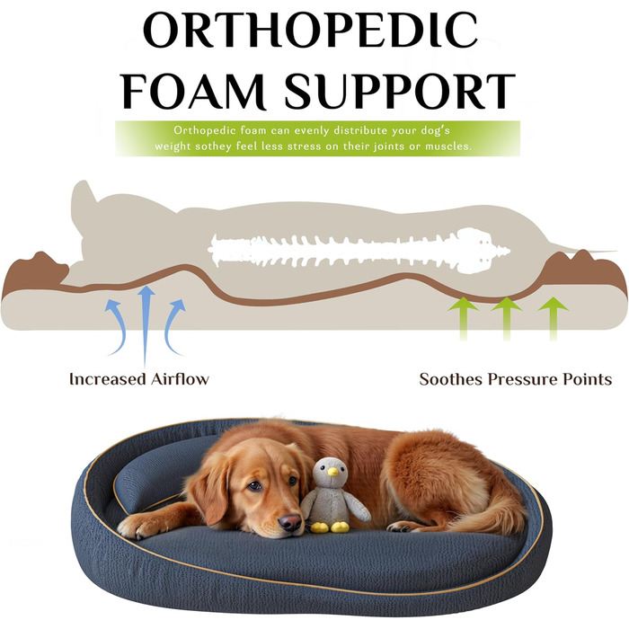 Ортопедичне собаче ліжко XXL з подушкою – комфортне собаче софа з Memory Foam, знімний та пральний чохол – ліжко для великих собак, довговічне та затишне (Blue)