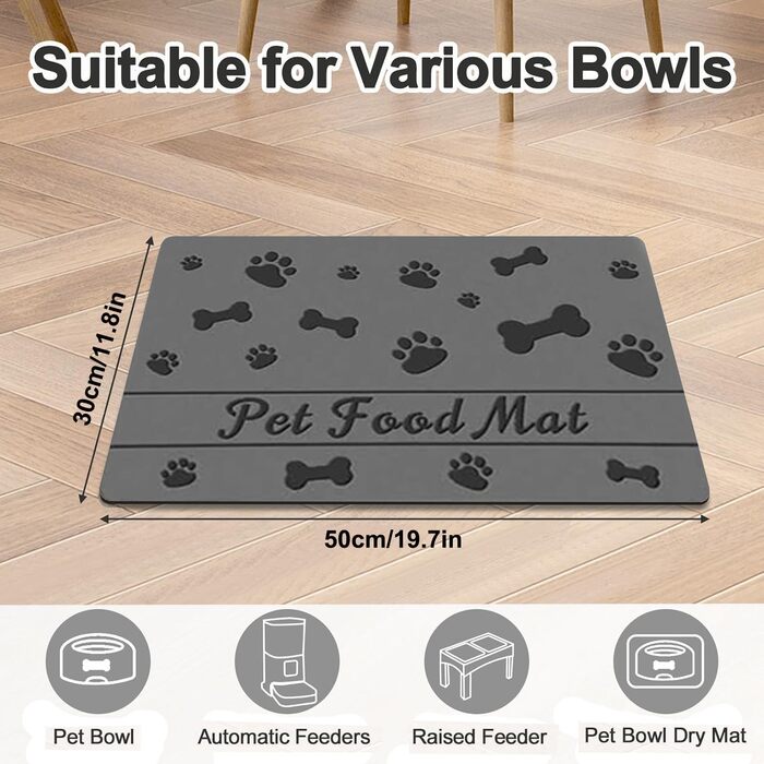 Килимок для годівлі котів та собак: супер вбираючий, неслизький, 30x50 см (Сірий)