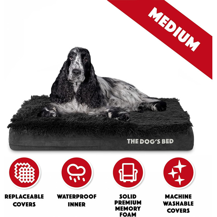 Ортопедичне ліжко для собак з Memory Foam, чорне штучне хутро, середнього розміру, вологостійке, знімні чохли
