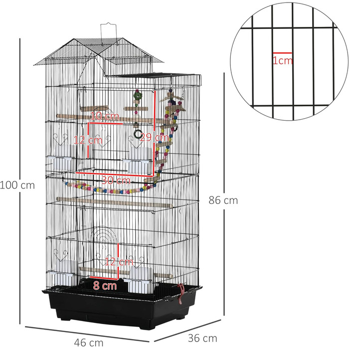 Клітка для птахів PawHut 46x36x100 см, з годівницями та жердочками, для хвилястих папуг, корел, канарок