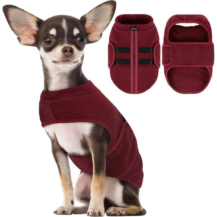 Теплий жилет для собак з флісу - жилетка для собак на зиму, для маленьких та середніх собак, з отвором для повідка, колір бордовий (XXS)