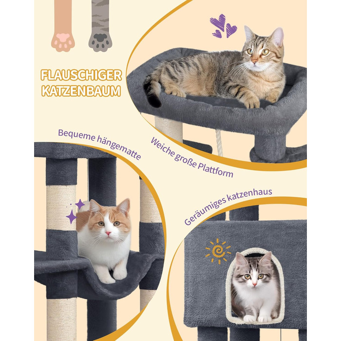 Дерево для котів Hzuaneri Kratzbaum 149 см з 5 стовпчиками для шліфування, платформами, печереєю, багатоярусне котяче ігрове дерево, помпонами, MS14918LG (темно-сірий)