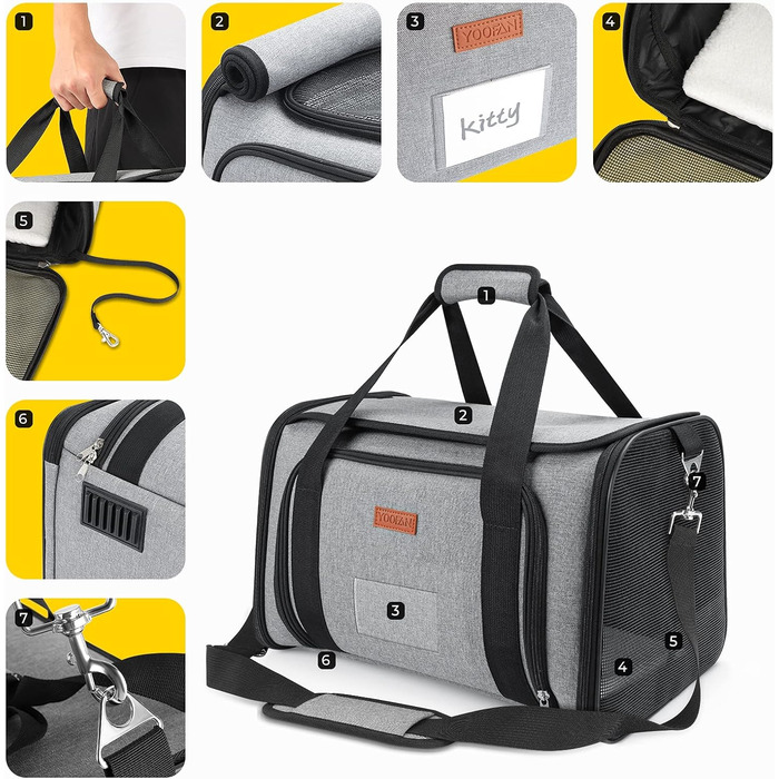 Сумка-переноска для собак та котів YOOFAN, сіра. Знімна підстилка, миска для корму, підходить для перевезень літаком