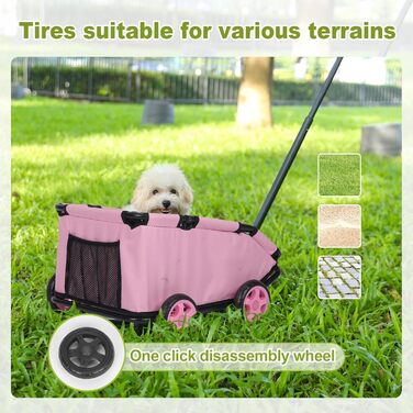 Міні-візок для маленьких тварин, складний багатофункціональний візок для покупок з висувною ручкою, для прогулянок на вулиці, з вбудованим матрацом та страхувальним тросом, з кишенькою для зберігання (Рожевий)