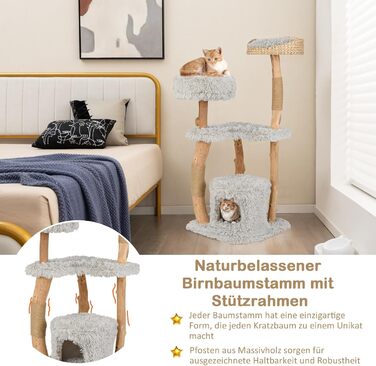 Дерев'яний кігтеточка для котів COSTWAY 124 см з будиночком, м'яким сидінням та платформою, кігтеточний стовпчик з джуту, кігтеточка-вежа для котів, масивне дерево, сірий колір, 3 стовпчики