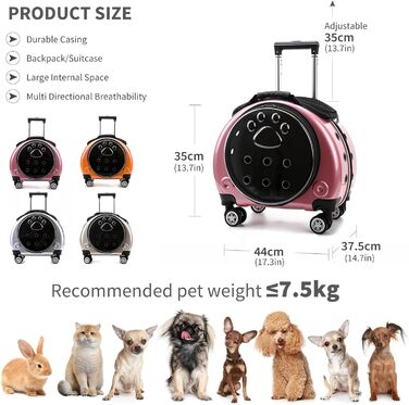 Рюкзак для тварин PETCUTE, рожевий: комфортний перенос для собак та котів до 7.5 кг, з виймальною підстилкою та преміум-колесами