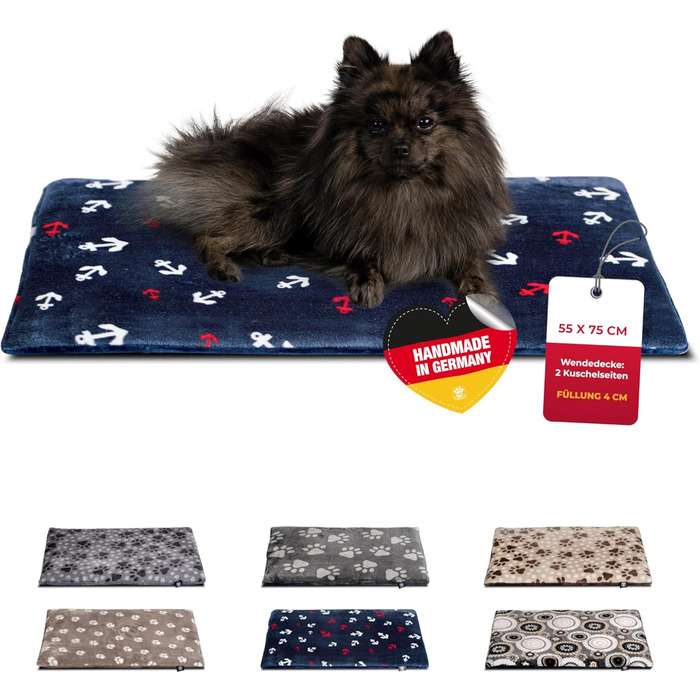 Підстилка для собак XS (45x65 см) – двостороння, м'яка, з наповнювачем 3 см – ідеально для дивану, авто та переноски – виготовлено в Німеччині (55 x 75 см, Анкер Блакитний)