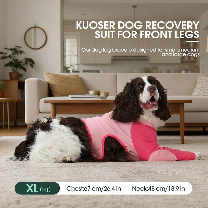 Захисний комбінезон для собак Kuoser Hund OP після операції, 2XL (рожевий) - для передніх лап з захистом ліктів, запобігає лизанню та кусанню
