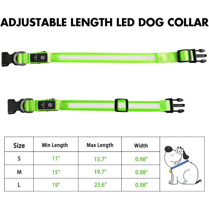 Світловідбиваючий нашийник для собак MASBRILL з LED, USB-C, регульований, водонепроникний, 3 режими світла, розмір M, колір зелений