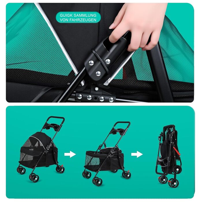 Візок для собак та котів 2-в-1 до 15 кг, складний, з гальмом, тримачем для напоїв та місцем для зберігання, для подорожей та прогулянок, 49.5×69.5×98 см