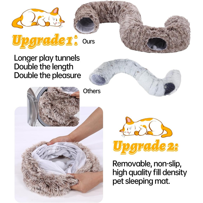 Туннель для котів Vuxava XXL сірий – іграшка та котяча печера з м'якою лежанкою, 100×82 см, 180 см, 2 входи, можна прати та розбирати
